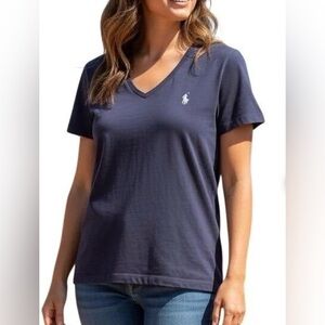 Polo by Ralph Lauren Women's Navy V-Neck Tee with White Pony XL